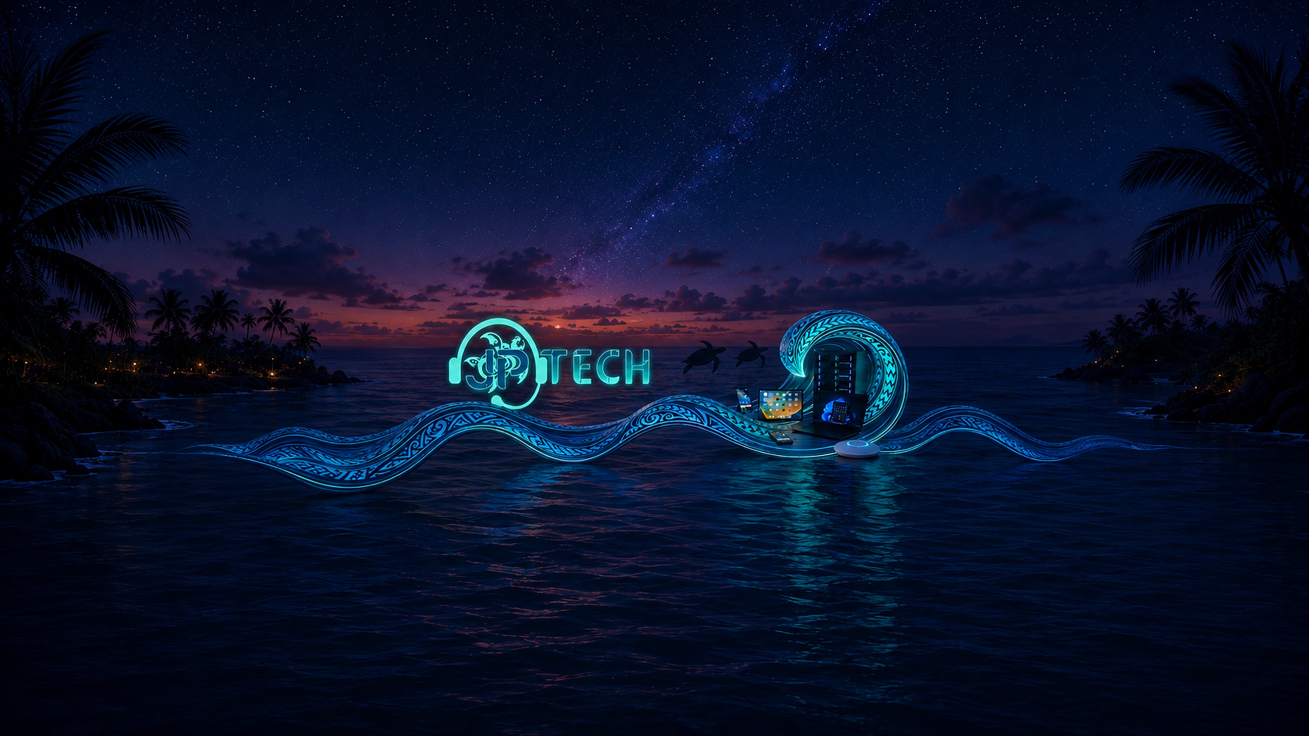 JP Tech artwork: a glowing logo and patterned ocean wave with technology, honu, palm trees, and a starry sky.