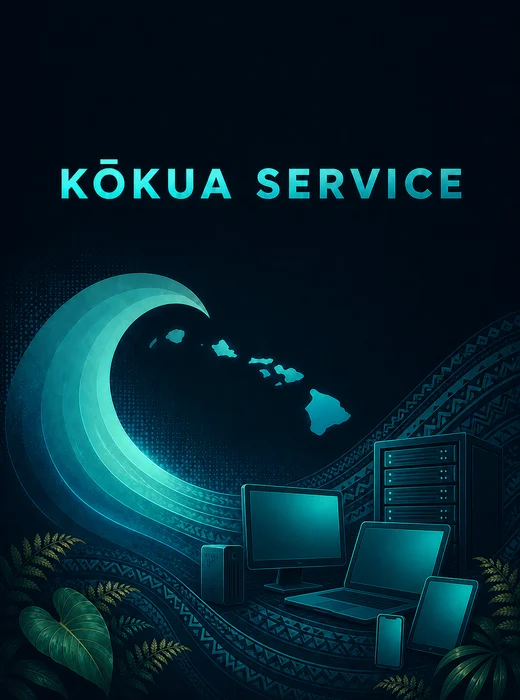 Kōkua Service: an ocean wave around the Hawaiian Islands alongside everyday devices.