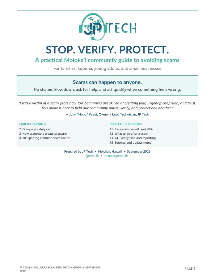 Cover of JP Tech’s Molokaʻi Scam Prevention Guide: Stop. Verify. Protect.